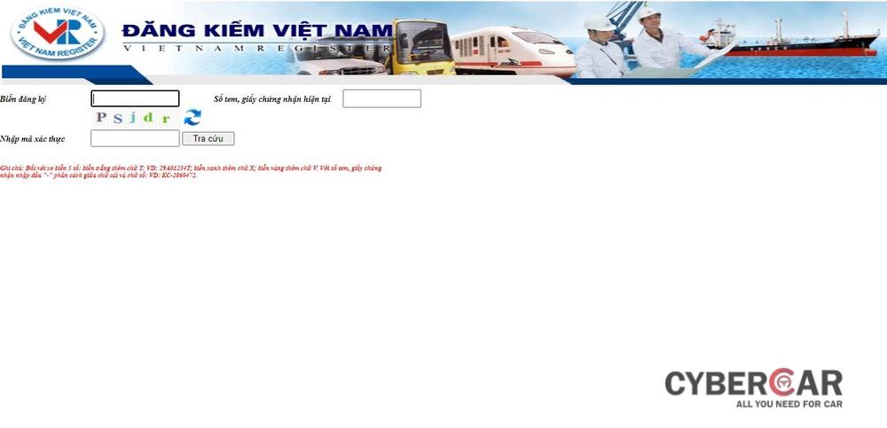 Giao diện nhập thông tin phương tiện để tra cứu trên website Cục Đăng kiểm Việt Nam