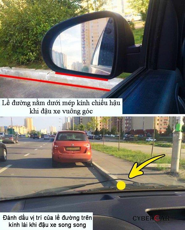 Nếu không thể căn lề cho đúng, hãy dùng mẹo đánh dấu trên kính lái hoặc mũi xe.