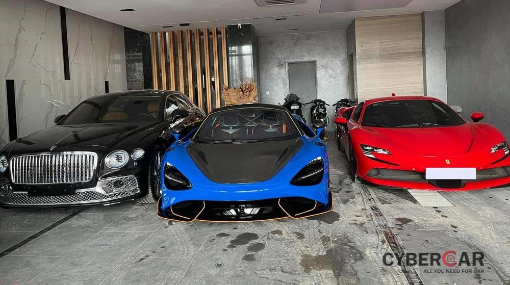 Từ trái qua là Bentley Flying Spur V8 First Edition, McLaren 765LT và Ferrari SF90 Stradale, garage này sắp có thêm Lamborghini Aventador SVJ