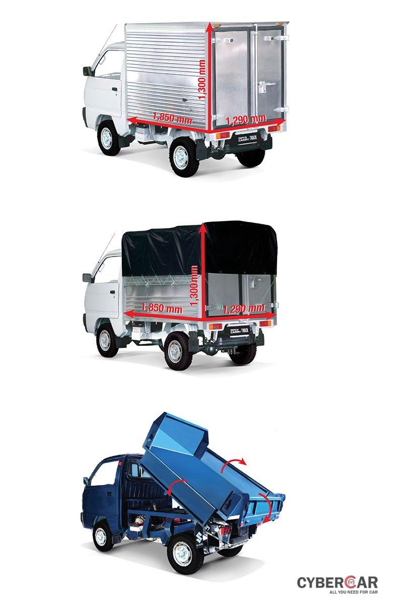 Khách hàng Suzuki Carry Truck Truck có nhiều lựa chọn thùng xe: thùng kín, mui bạt, thùng ben (theo thứ tự từ trên xuống).